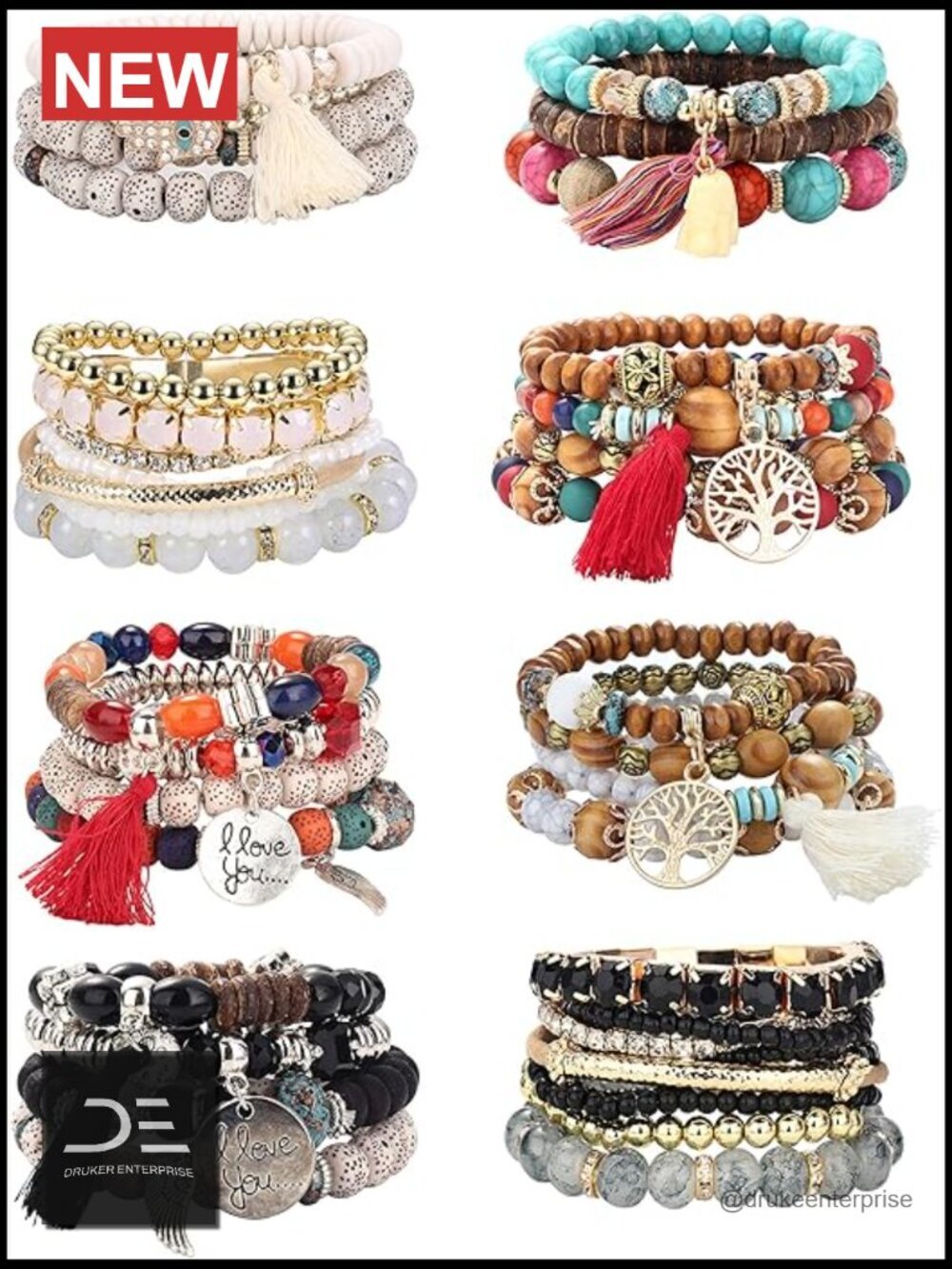 8 Sets Bohemian Stackable Bead Bracelets Stretch Multilayered Boho Bangle Charm